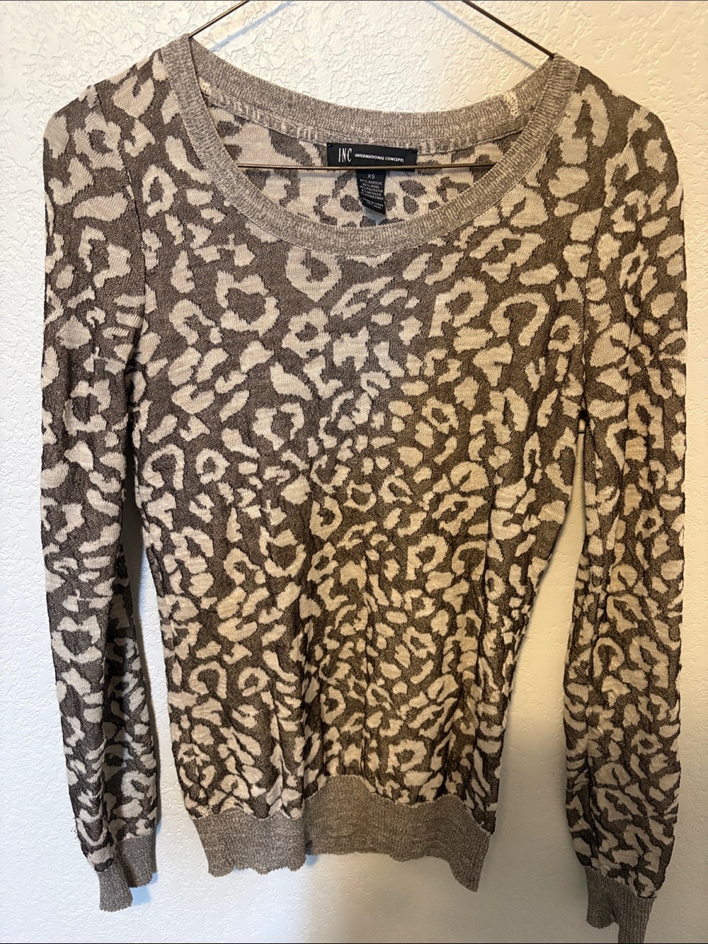 INC International Concepts Taupe and Cream Leopard-Print Long Sleeve Sweater